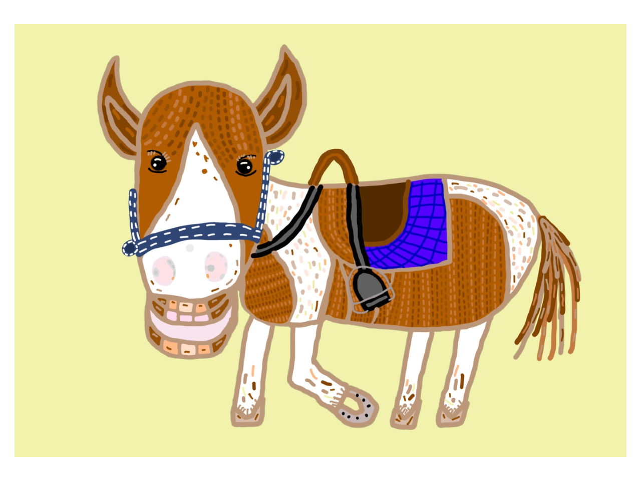 たかせ るな さんが描いた馬の絵。クリーム色の背景に青色っぽい乗馬器具を付けた駁栗毛の馬（ポニー）がこちらを見ている。